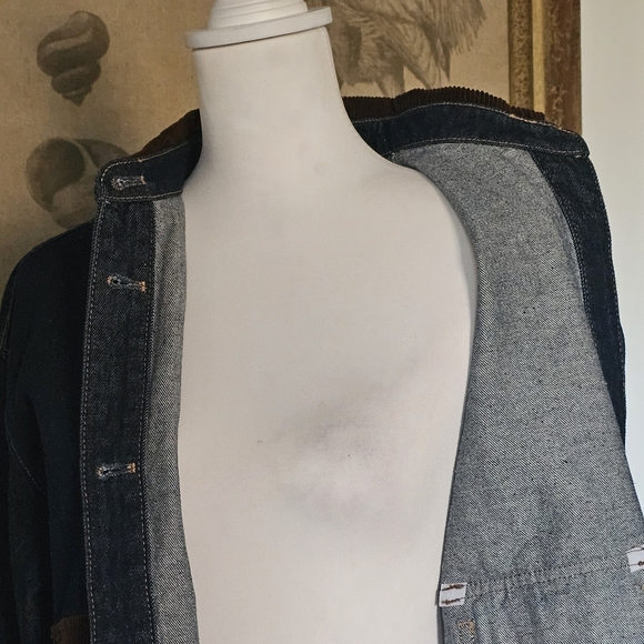New Denim Jacket Brown Corduroy Collar, Pockets, Cuffs Gold Button Closure - Picture 12 of 15